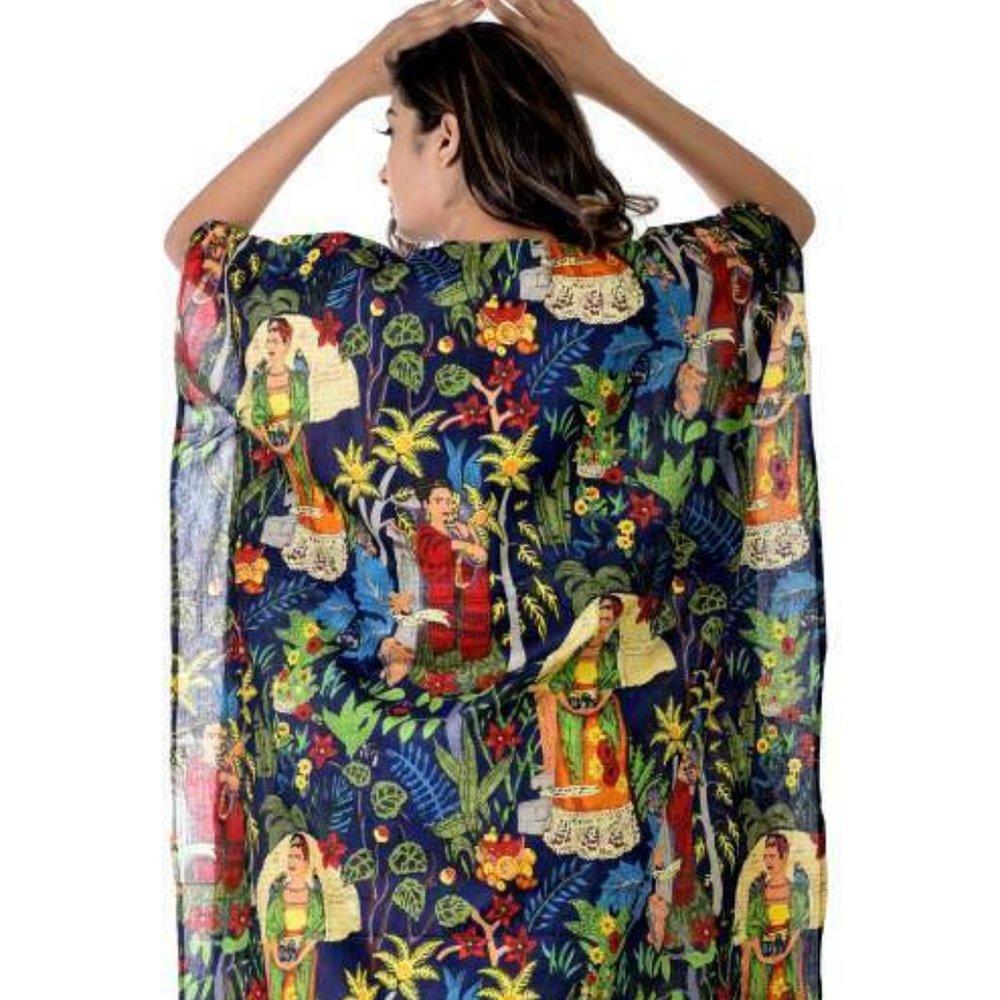 Summer Blue Frida Kahlo Kaftan Cotton Summer Wear Holiday Beach Cover up Kaftan